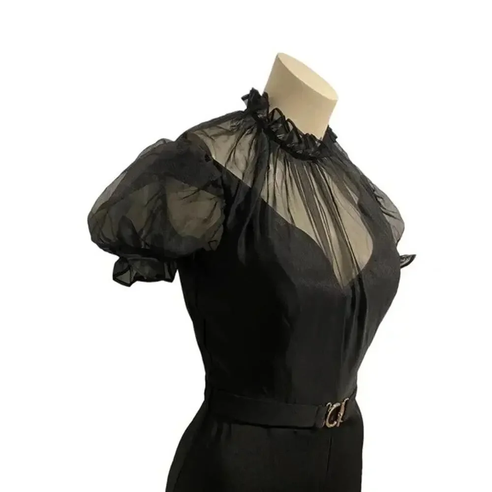 MAC DUGGAL BLACK BELTED ILLUSION HIGH NECK CAP SLEEVE‎ JUMPSUIT SZ 14 NWT - Picture 3 of 6